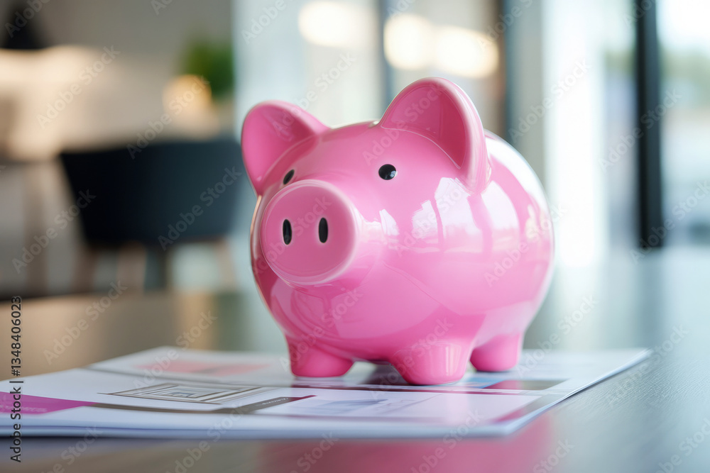 Bright Pink Piggy Bank on Table with Financial Plans in Modern Office Environment Bright Pink Piggy Bank on Table with Financial Plans in Modern Office Environment