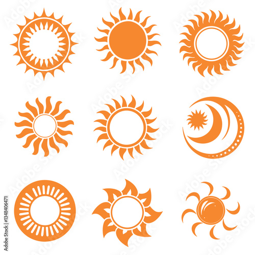 Assorted golden sunburst designs on a white background; a glowing celestial collection and a crescent moon symbol. Vector sun icons.