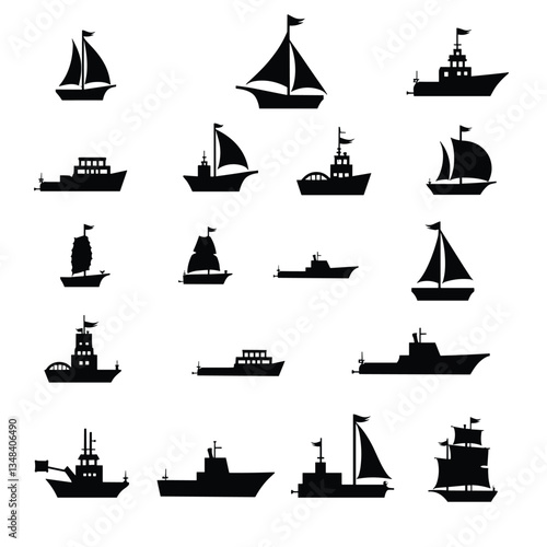 Collection of sixteen vector silhouette drawings of ships and sailboats. Isolated on a white background. Includes a variety of sailboats and motor ships.
