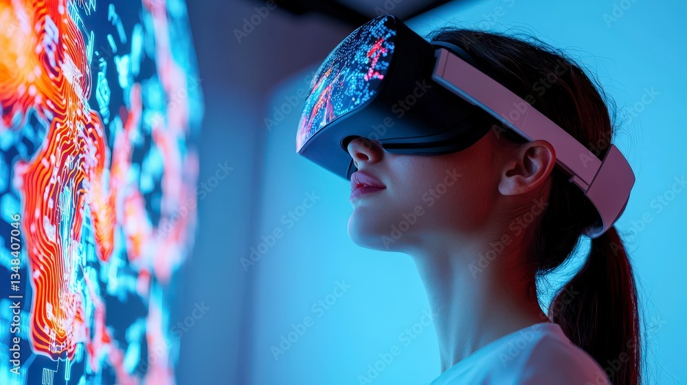 Obraz premium Woman Experiencing Immersive VR Futuristic Tech Digital Interface