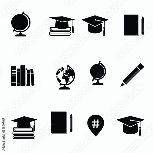 Vector Illustration: Education, Learning, and Graduation. Globes, books, pencils, and graduation caps.
