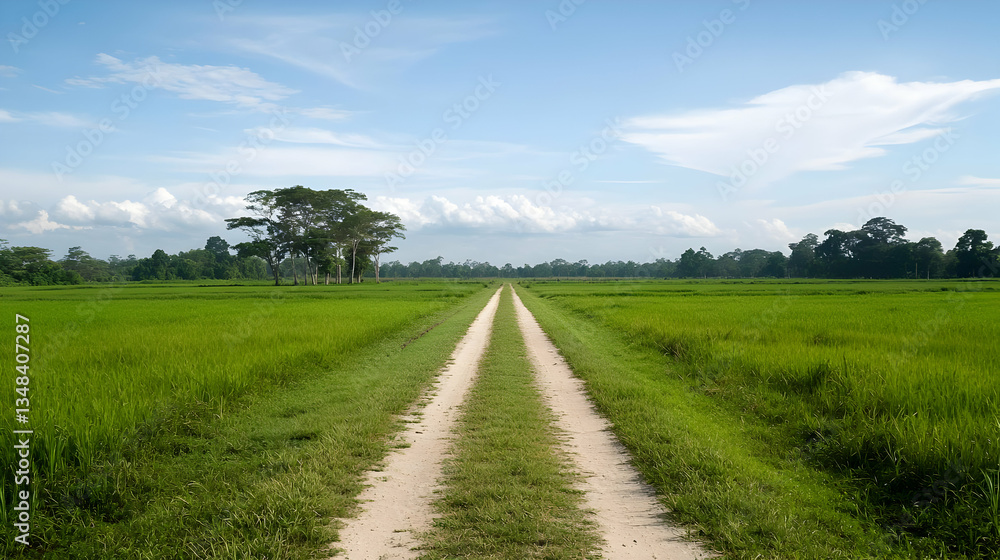 Dirt Road Through Vibrant Green Field Under Blue Sky and Sunlight in Rural Landscape Dirt Road Through Vibrant Green Field Under Blue Sky and Sunlight in Rural Landscape