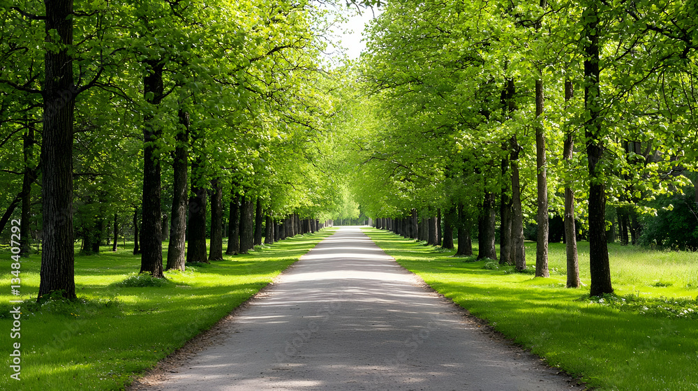 Stone Pathway Through Lush Green Trees in Sunlight with Dense Leaf Canopy and Grassy Ground Stone Pathway Through Lush Green Trees in Sunlight with Dense Leaf Canopy and Grassy Ground