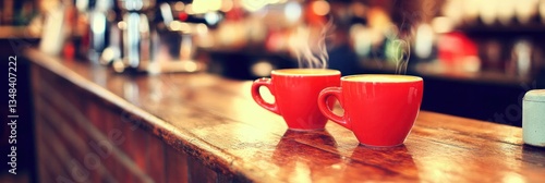 Two steaming red coffee cups on a wooden bar