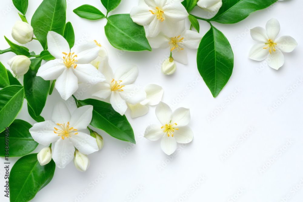 Obraz premium Elegant White Flowers Blossom Fresh and Beauty With Green Leaves With Flat Lay Top View on Clean Background