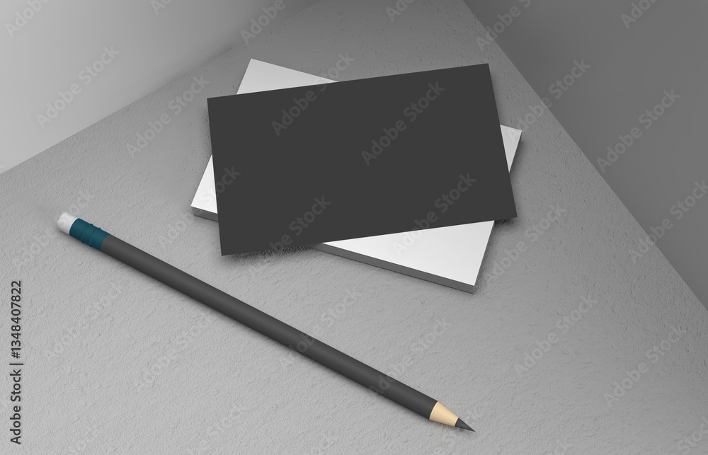 Business card mockup 3d render, copy space concept. Blank black name card isolated on gray background, for mock up, front view layout.