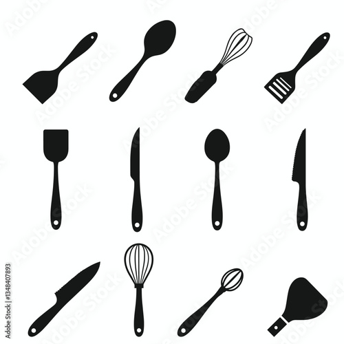 Kitchen Utensil Silhouettes: A collection of essential tools for cooking and baking, rendered in minimalist black vector art.