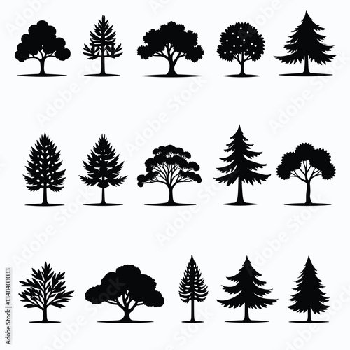 Stylized tree silhouettes showcase forest diversity in vector art, providing a range of arboreal forms in stark black and white against a plain backdrop.