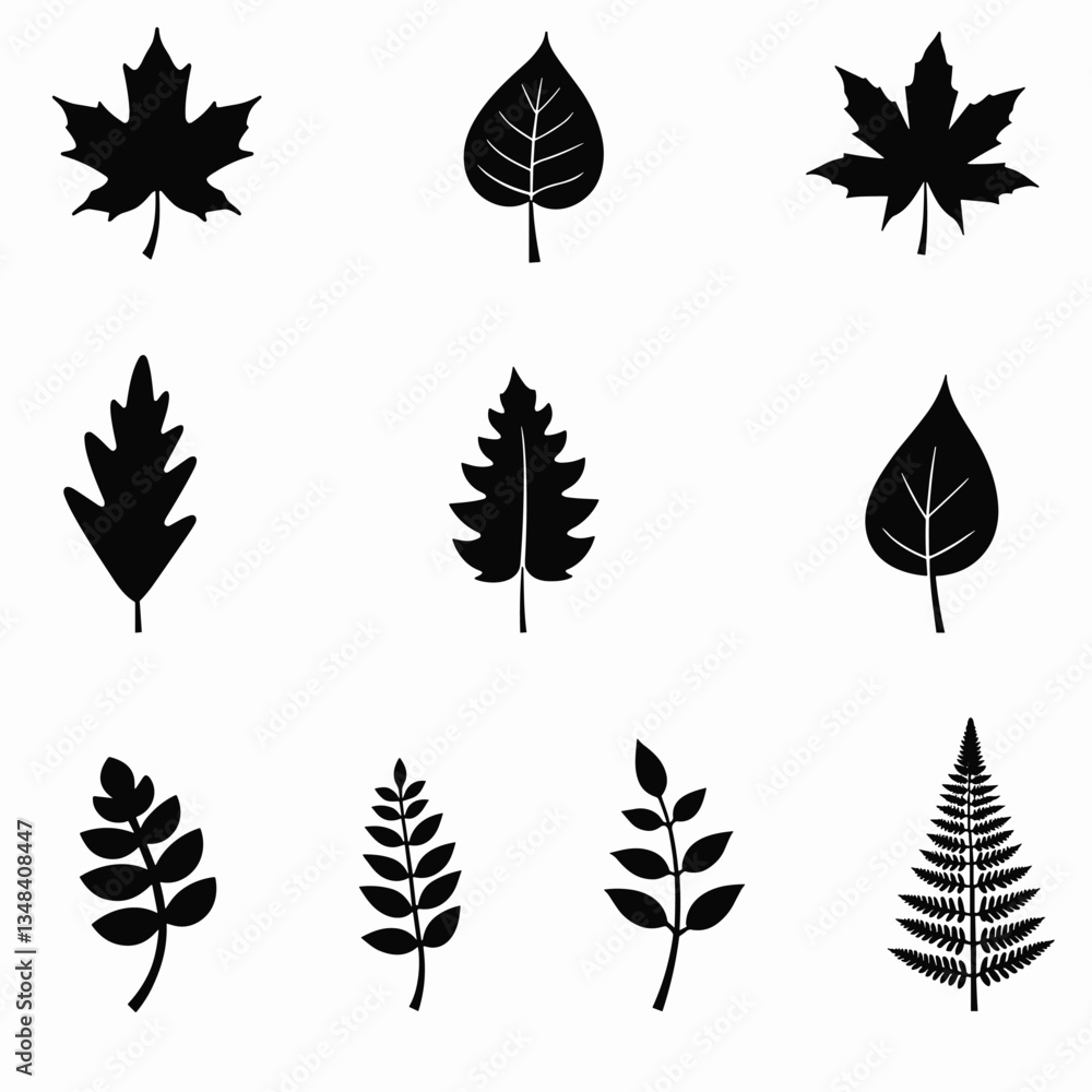 Obraz premium A collection of nine black and white leaf silhouettes showcases diverse botanical shapes against a stark white background, highlighting nature's variety.