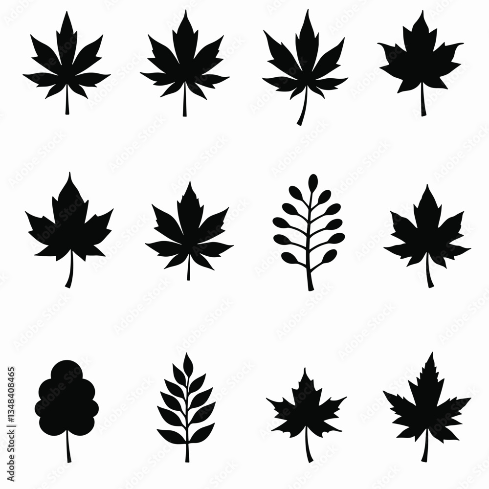 Fototapeta premium Set of vector illustrations of diverse tree leaves, black silhouettes on a white background. Autumnal foliage icons, nature symbol, arboreal design.