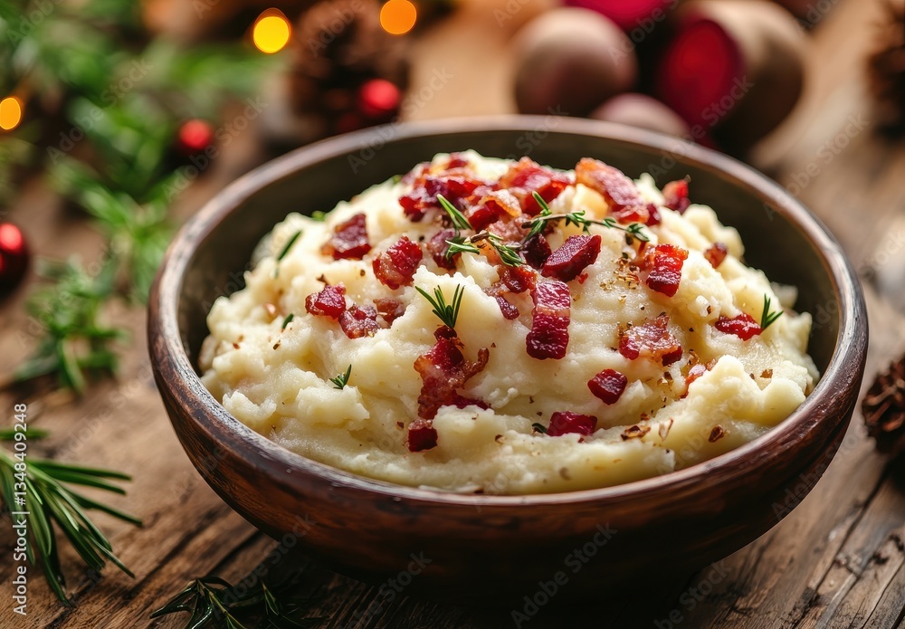 Creamy Mashed Potatoes Topped with Crispy Bacon Bits and Fresh Herbs Surrounded by Festive Decorations on Rustic Wood Table Creamy Mashed Potatoes Topped with Crispy Bacon Bits and Fresh Herbs Surrounded by Festive Decorations on Rustic Wood Table