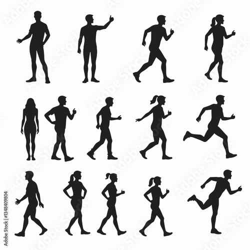 Silhouettes of people in various poses, including walking, running, and standing.  The figures are all black against a white background.