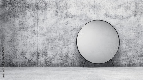 A mirror standing on the floor against a concrete wall