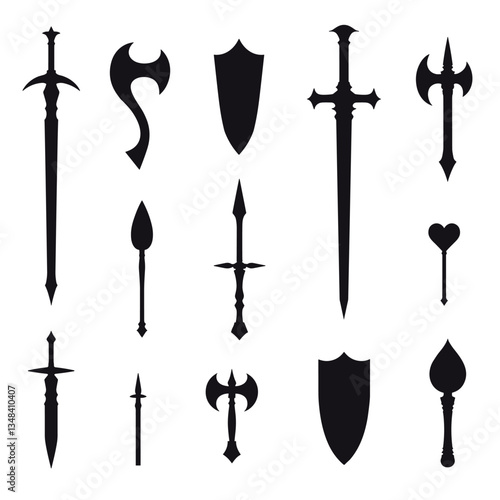 Silhouetted medieval weapons: an axe, shields, spears, and swords, representing defense, offense, and historical warfare in a monochromatic style.