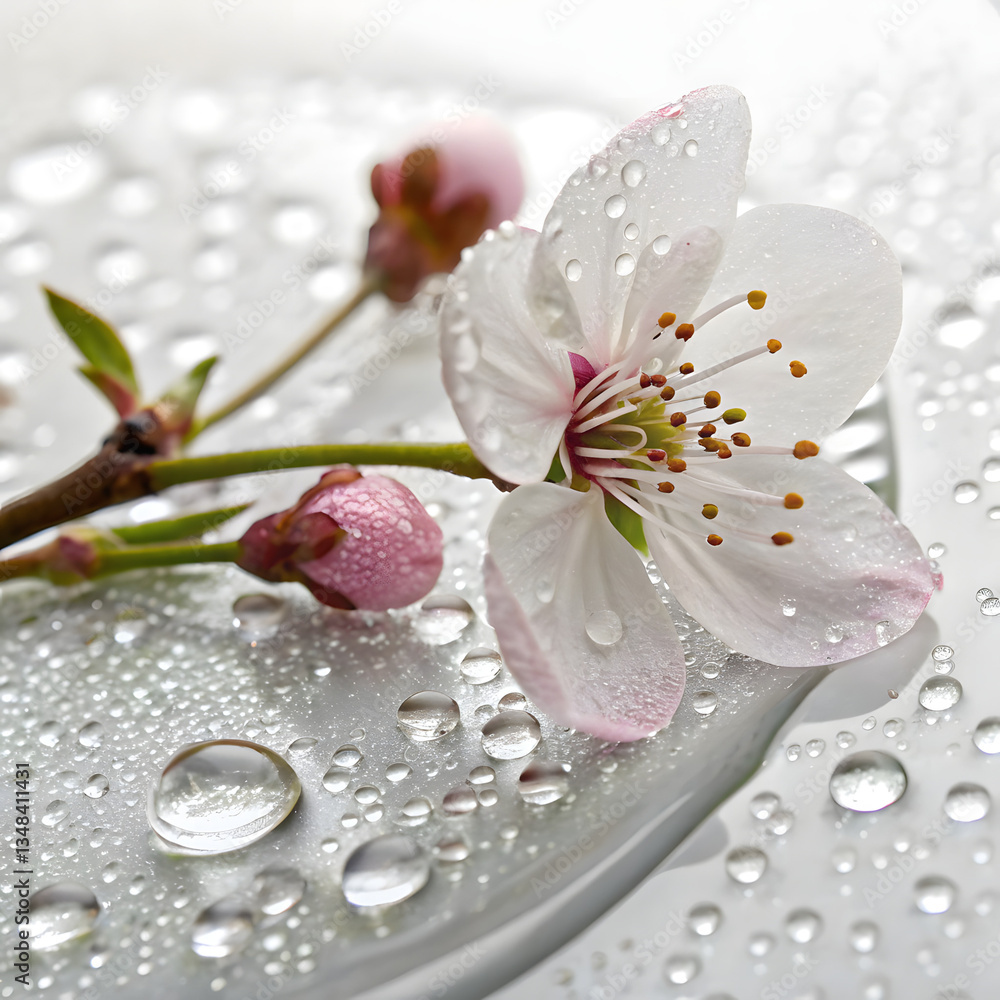 Cherry blossom reflected in pristine water droplet on textured surface, spring flowers, gardening flowers Cherry blossom reflected in pristine water droplet on textured surface, spring flowers, gardening flowers
