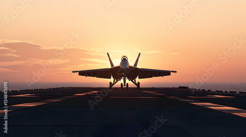 Silhouette Of Military Jet Aircraft During Sunset On An Aircraft Carrier Deck With Orange Sky And Ocean Backdrop