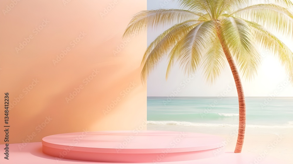 Obraz premium A vacant podium is positioned before a palm tree, indicating a setting for a speech or presentation in a tropical environment.