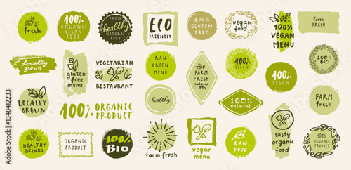 Organic food labels set. Vector 100 percent bio icons. Retro style eco farm fresh healthy food logos and emblems. Vintage badges for restaurant menu or food package. Ecology friendly design