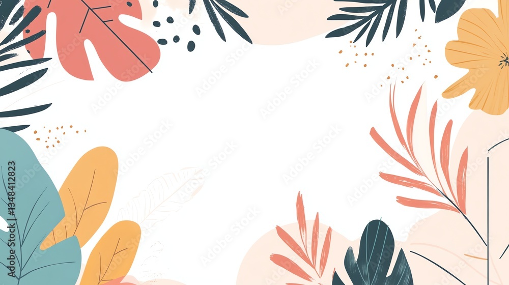 Fototapeta premium Botanical Leaves Frame Illustration with Tropical Elements and Colorful Shapes