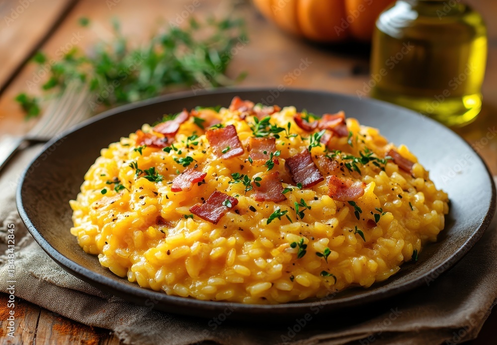 Creamy Pumpkin Risotto with Crispy Bacon and Fresh Herbs in a Rustic Setting with Olive Oil and Wooden Background Creamy Pumpkin Risotto with Crispy Bacon and Fresh Herbs in a Rustic Setting with Olive Oil and Wooden Background