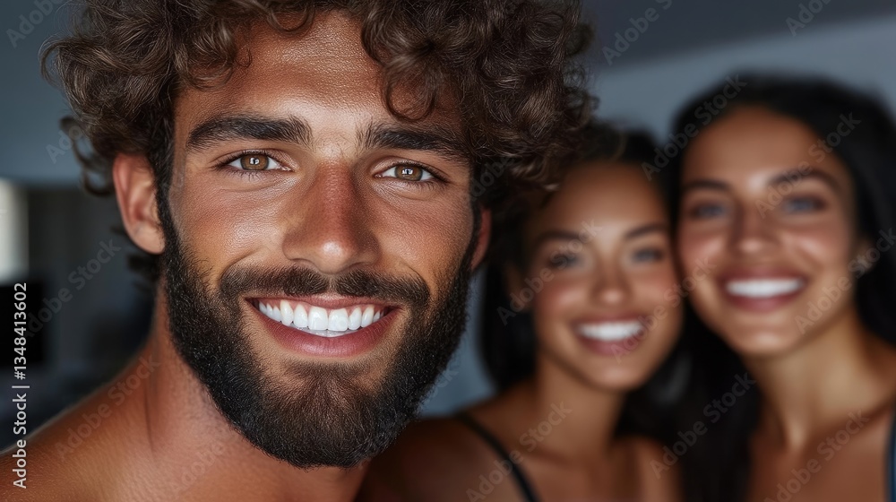 Fototapeta premium Friendly group portrait. Close-up of three smiling people