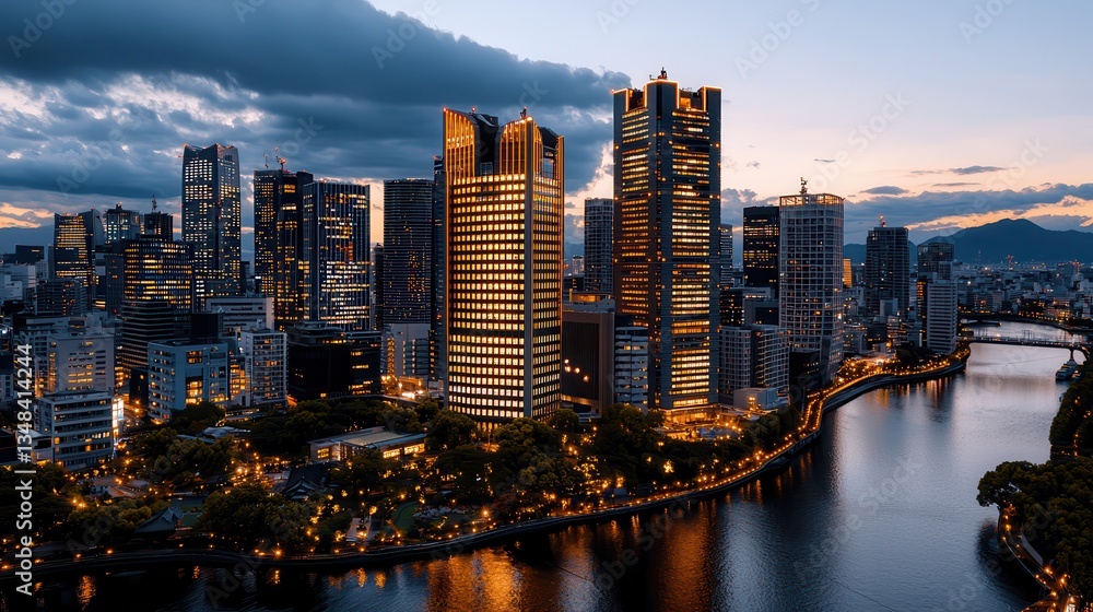 Naklejka premium Stunning Night View of Modern Cityscape with Illuminated Skyscrapers Reflecting in the River