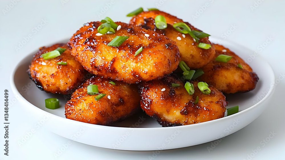 Golden fried food with sauce and green onion garnish on white plate in studio setting Golden fried food with sauce and green onion garnish on white plate in studio setting
