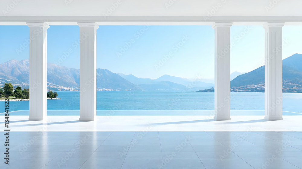 Fototapeta premium Classical Architectural Columns Framing Scenic Coastal View of Blue Sea and Distant Mountains under Clear Sky