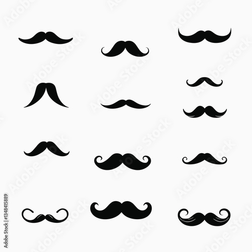 Collection of varied mustache silhouettes. Different styles. Perfect for design or humorous depictions. A classic symbol of manhood and vintage style.