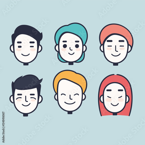 Diverse group of stylized faces, each with unique hair colors and expressions. Cheerful and approachable illustration, set against a light background.