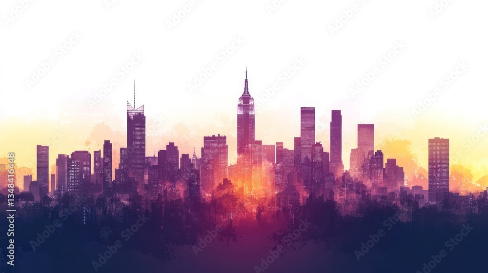 Fototapeta premium Majestic City Skyline at Sunset: A Watercolor Impression