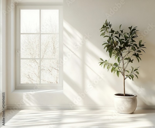 Minimalist Room with Large Windows Soft Light and Potted Plant in Scandinavian Design