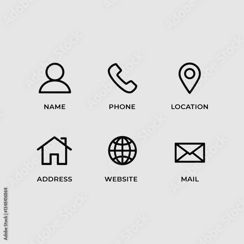 Contact Information Icons: Streamlined symbols for name, phone, location, address, website, and mail. Simple and communicative visual elements.
