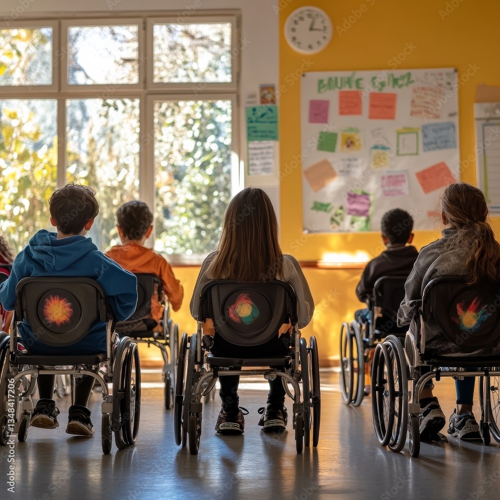 Obraz premium Inclusive Learning: Children in Wheelchairs Participate in Classroom Setting for an Engaging Educational Experience