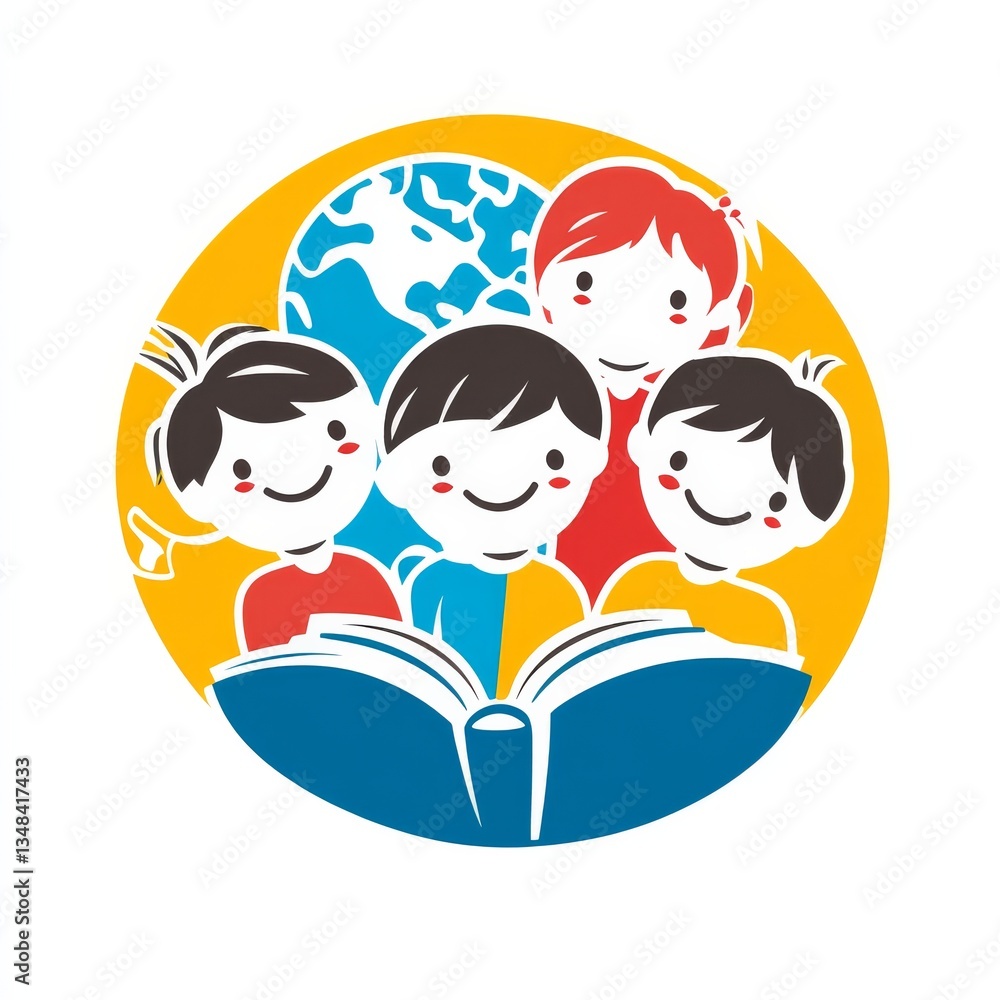 Kids Exploring the World Through Reading: An Illustration of Children with a Globe and Book in a Vibrant Circle Kids Exploring the World Through Reading: An Illustration of Children with a Globe and Book in a Vibrant Circle