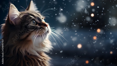 Adorable Cat Gazing Up at Falling Snow with Blurry Lights in the Background