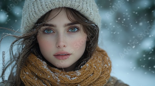 Portrait of a young woman in a snowy forest with blue eyes and serene gaze in winter attire