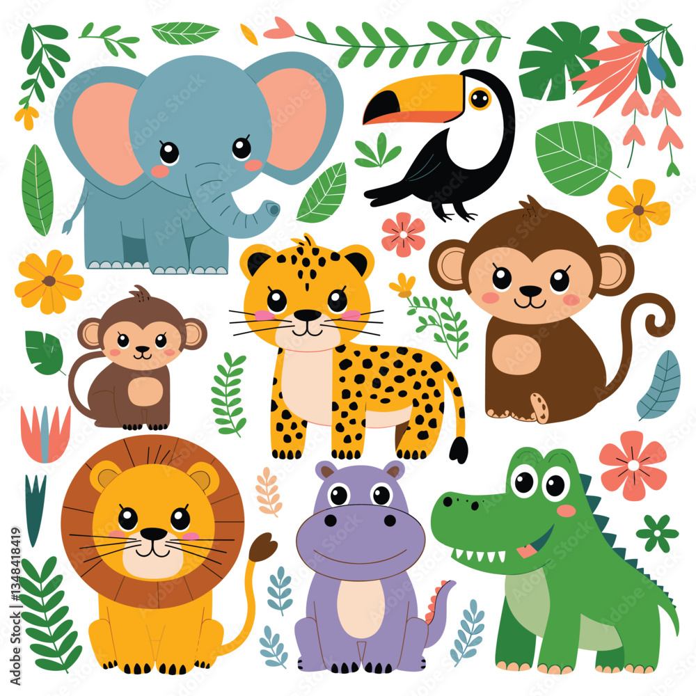 Naklejka premium Cartoon illustration of African animals, including an elephant, lion, leopard, monkey, hippo, crocodile and toucan, surrounded by tropical leaves and flowers.