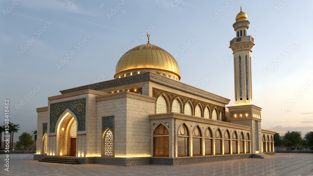 Obraz premium A stunning architectural rendering showcases a magnificent mosque bathed in the warm glow of daylight