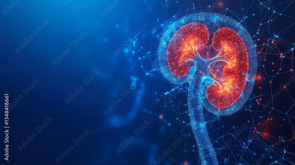 Naklejka premium Human organ. Medical anatomy. Medical science. Human kidneys anatomy structure. Kidney disease. Kidney anatomy cross section. Futuristic Medical Hologram. 