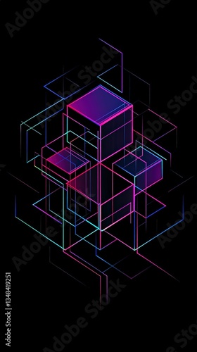 Abstract Geometric Shapes Digital Art: Neon Cyberpunk Style Futuristic Technology Background, Vibrant Colors, Modern Digital Artwork Print, Geometric Patterns Design, Wallpaper Art