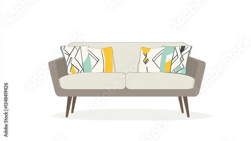 Mid Century Modern Sofa with Geometric Throw Pillows: A Stylish and Comfortable Living Room Design