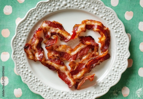 Crispy Bacon Heart Shape on Elegant Plate with Polka Dot Background Perfect for Food Lovers and Culinary Appreciation