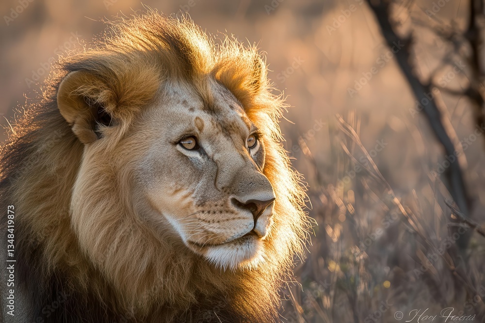 closeup portrait of an african lion at twilight backlit mane glowing like a flame intense eyes dramatic shadows