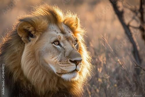 Obraz na płótnie closeup portrait of an african lion at twilight backlit mane glowing like a flame intense eyes dramatic shadows w salonie