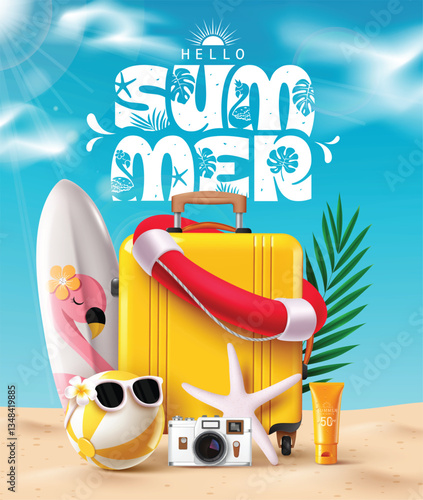 Hello summer greeting clipart poster design. Summer text with luggage bag, surfboard, lifebuoy ring, palm leaves and beach ball clip art elements