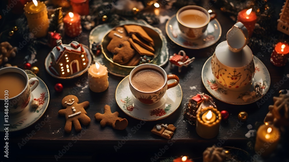 Cozy Christmas Table Setting with Tea Coffee Gingerbread and Candles Cozy Christmas Table Setting with Tea Coffee Gingerbread and Candles