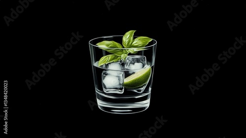 Crystal Clear Cocktail: Lime Basil Drink with Ice Cubes in Rocks Glass - Refreshing Summer Beverage Recipe