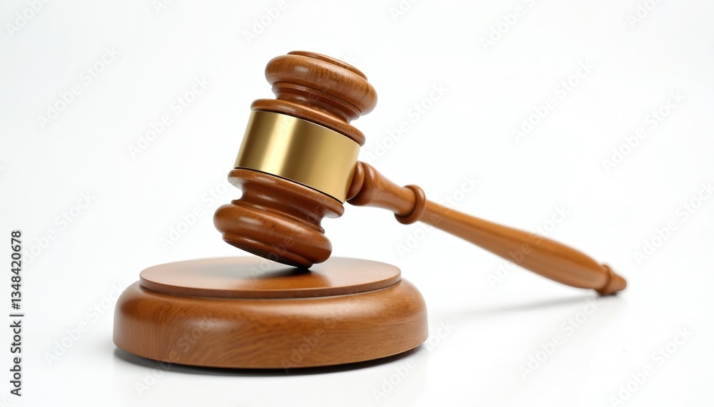 Wooden gavel on sound block isolated white background. Judge hammer, symbol of law, justice, authority, judgment. Legal, courtroom, judicial system, decision making concept. Close-up of legal action. Wooden gavel on sound block isolated white background. Judge hammer, symbol of law, justice, authority, judgment. Legal, courtroom, judicial system, decision making concept. Close-up of legal action.