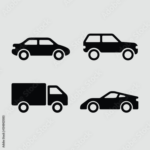 Various vehicle type icons depicted include a sedan, truck, SUV, and sportscar. All are drawn in black, vector-style, against a light gray background.
